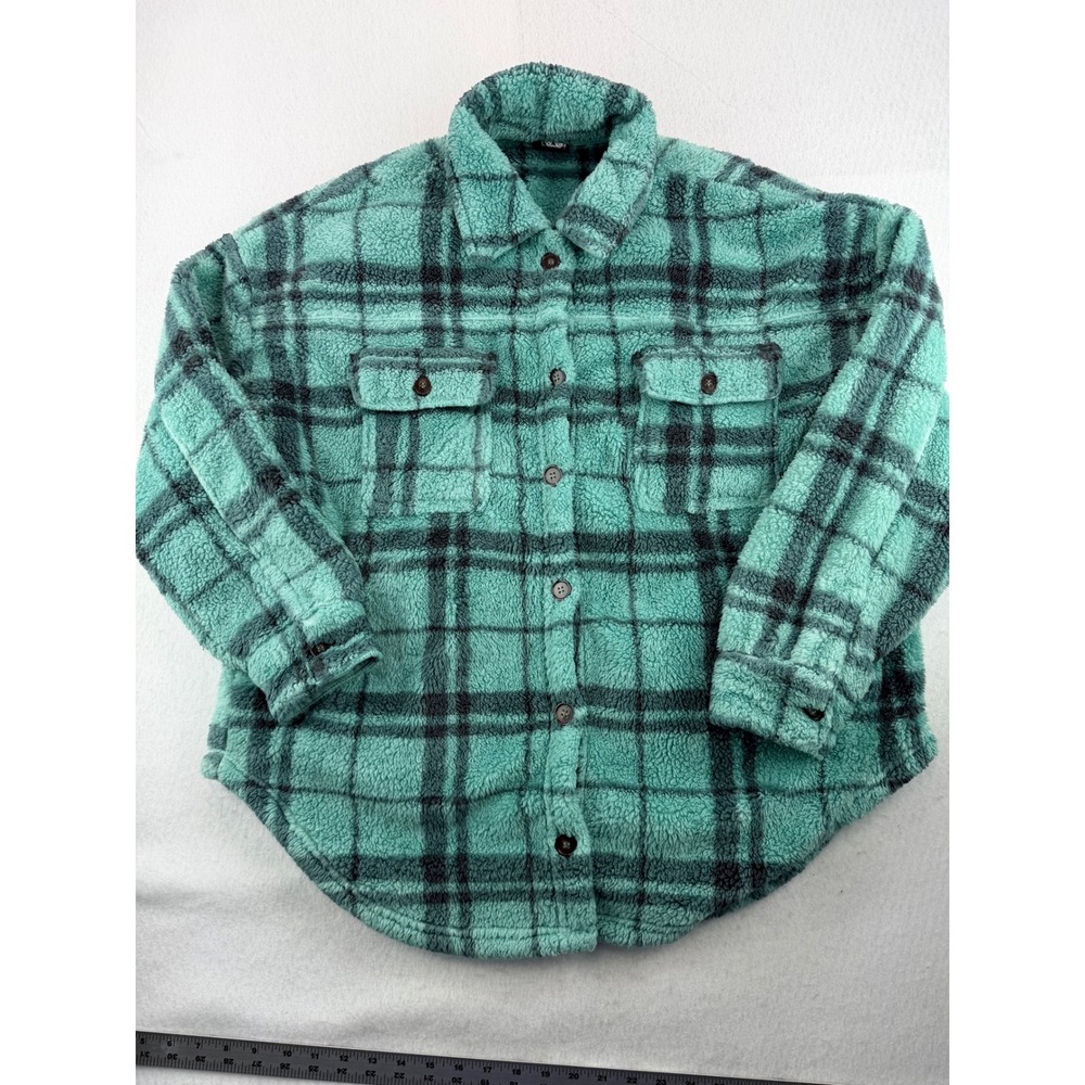 PacSun Teal Black Plaid Sherpa Fleece Shacket Oversized Shirt Jacket M/L
